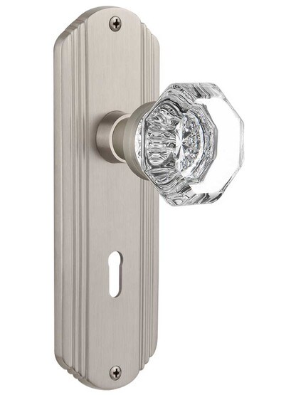 Streamline Moderne Mortise Lock Set With Waldorf Crystal Knobs in Satin Nickel.